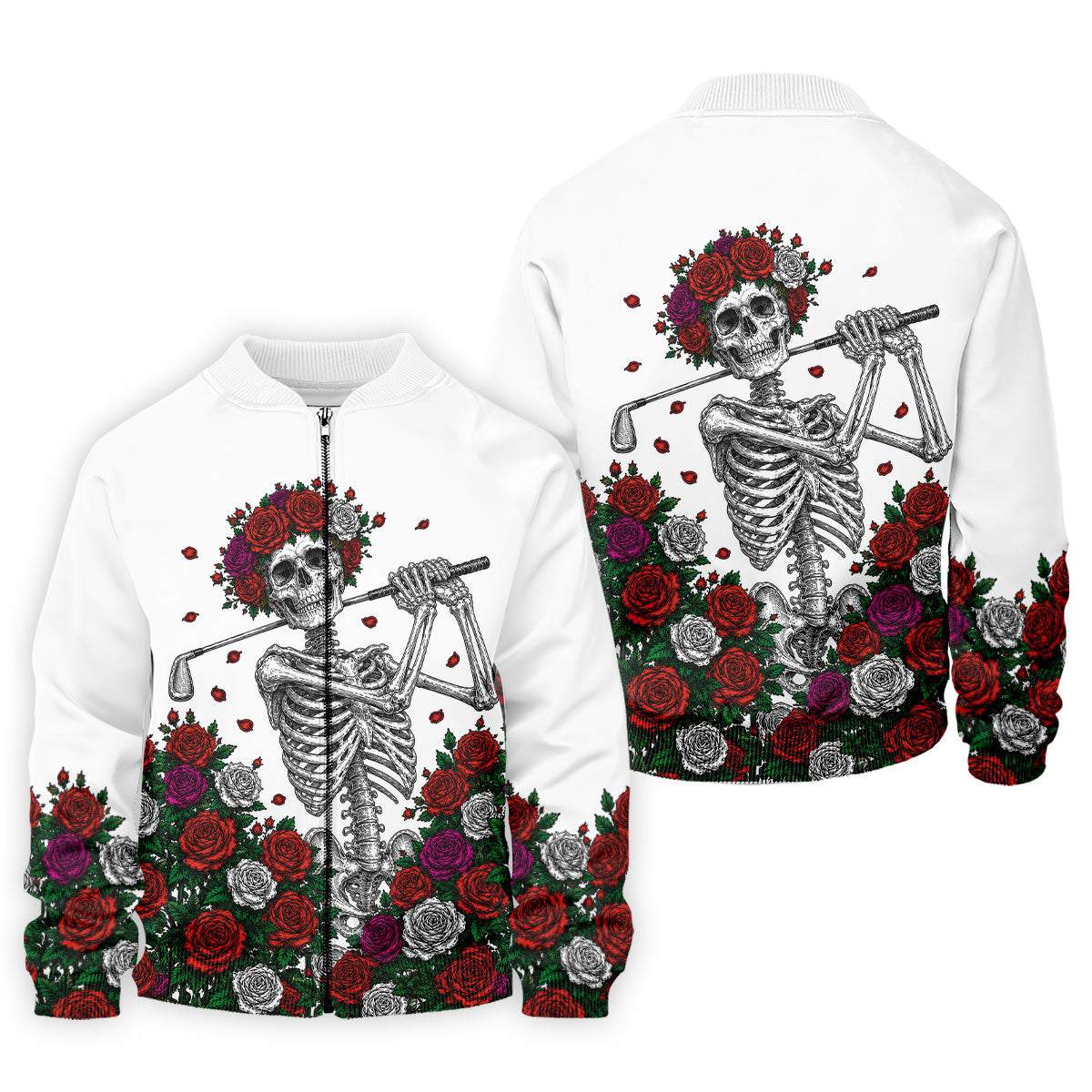 Rose Crown Skeleton Golfer Halloween Polo Shirt, Men's Golf Shirt, Printed Golf Shirts