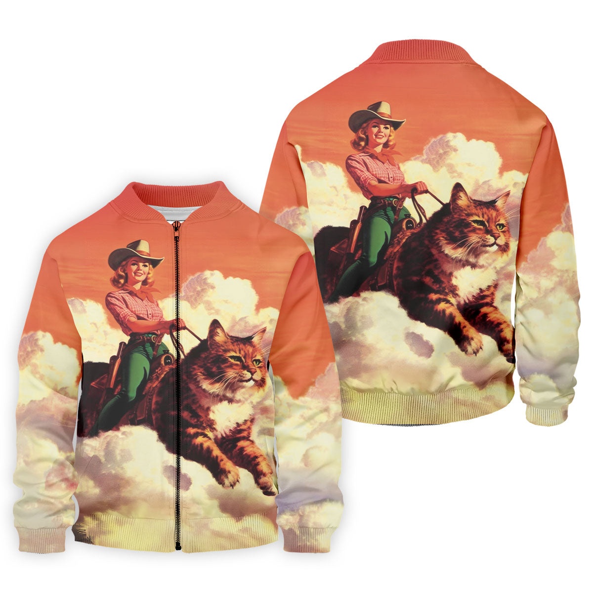 Orange Vintage Cowgirl Riding Giant Cat Golf Polo Shirt, Golf Shirts For Men, Hawaiian Golf Shirt