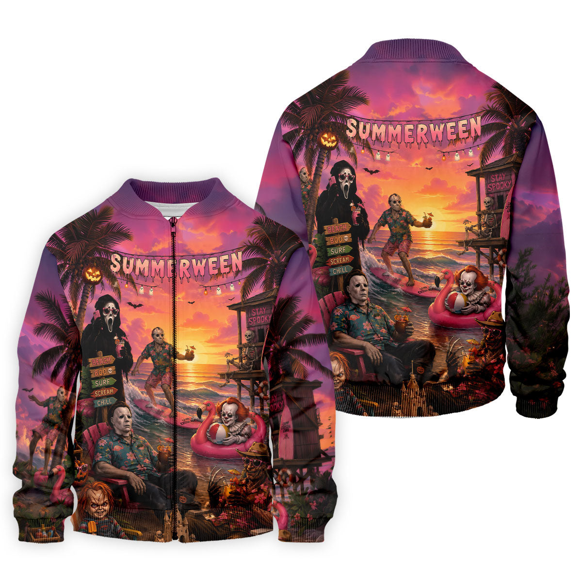 Summerween Halloween Horror Character Golf Shirt, Printed Golf Shirts, Hawaiian Golf Shirt