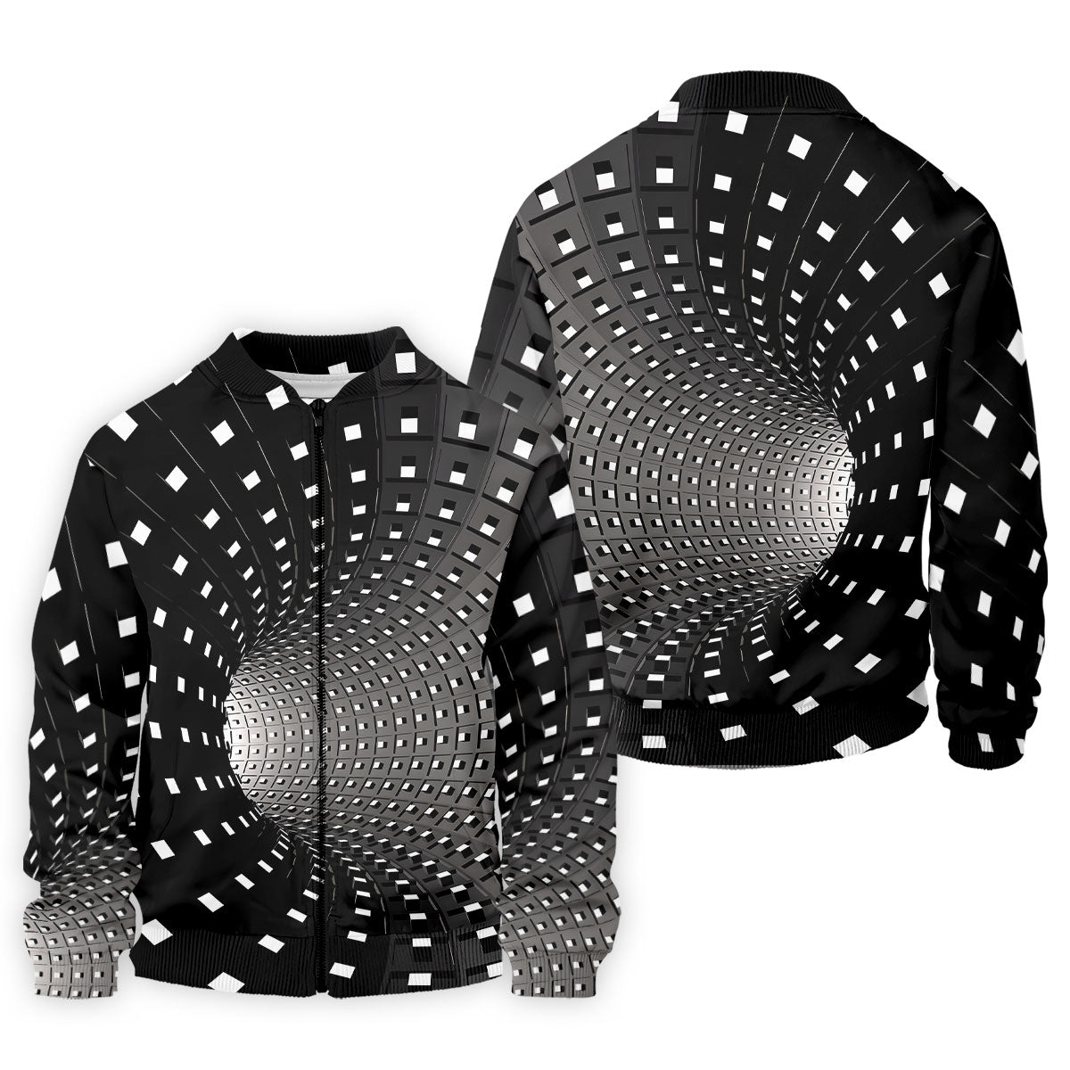 3D Vortex Golf Shirt, Black White Optical Illusion Tunnel Pattern, Golf Shirt For Men