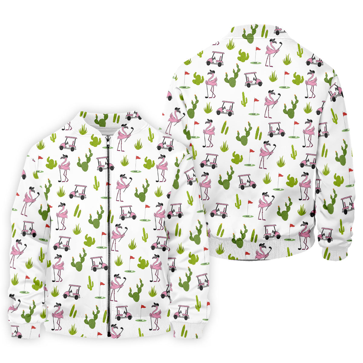 Pink Flamingo Golf Cart Cactus Hawaiian Golf Shirt, Mens Golf Polo, Golf Apparel For Men