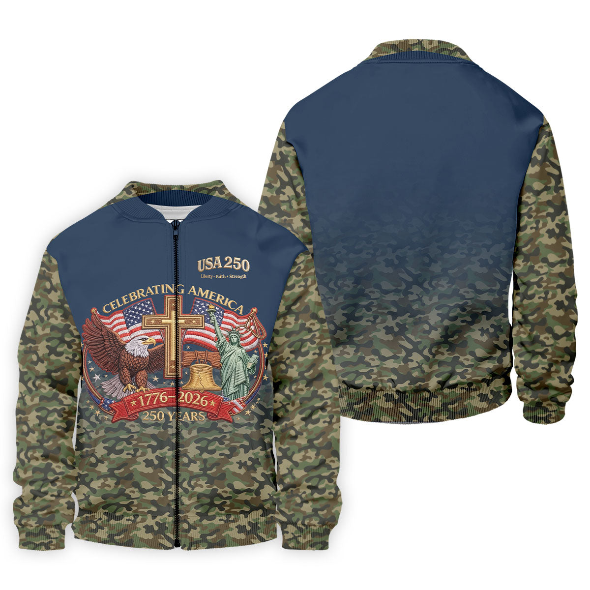 Liberty Faith Strength Faith Cross USA 250 Navy Camo Golf Shirt, 4th Of July Golf Shirts For Men