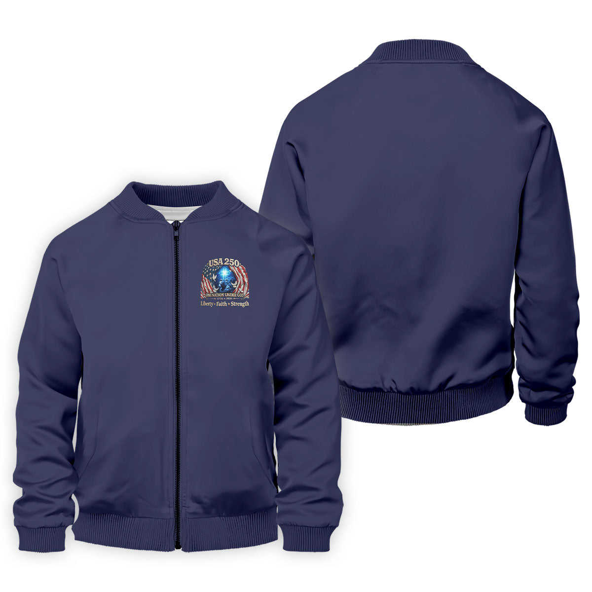 One Nation Under God Faith Cross USA 250 Logo Navy Golf Shirt, 4th Of July Golf Shirts For Men
