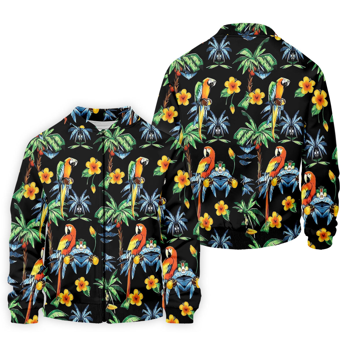 Black Tropical Parrot Palm Flower Pattern Golf Shirt, Men's Golf Shirt, Mens Polo Shirts, Hawaiian Golf Shirt