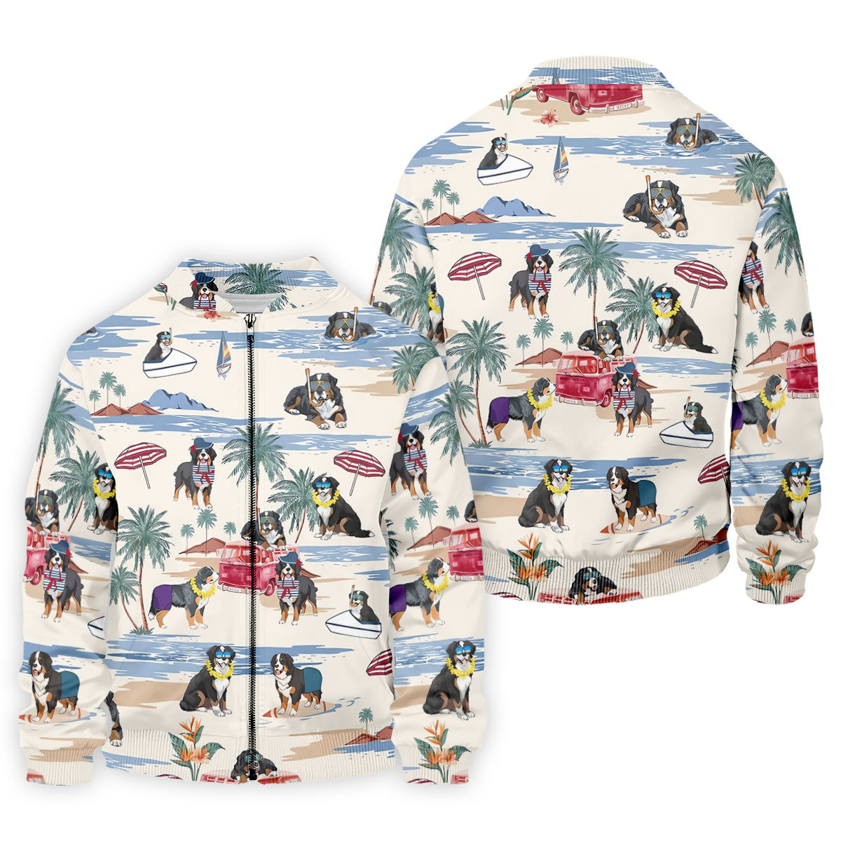 Tropical Bernese Mountain Dog Beach Hawaiian Golf Polo Shirt, Printed Golf Shirts, Golf Apparel For Men