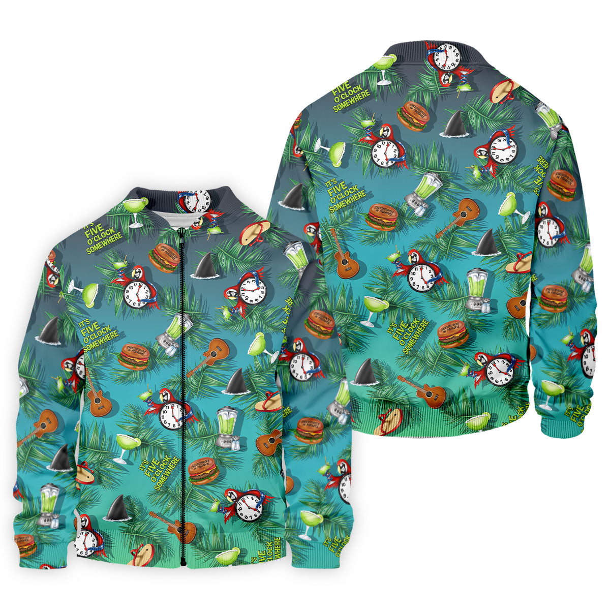 Teal Tropical Cocktail Parrot Pattern Golf Polo Shirt, Men's Golf Shirt, Golf Polo Shirts For Men