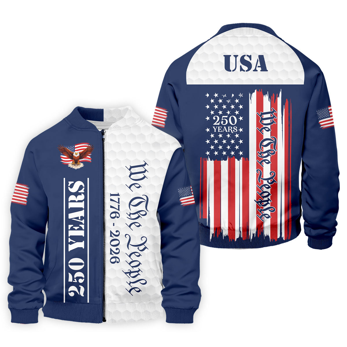 We The People Bald Eagle US Flag Golf Ball Pattern 250 Years Patriotic 4th Of July Golf Shirts For Men