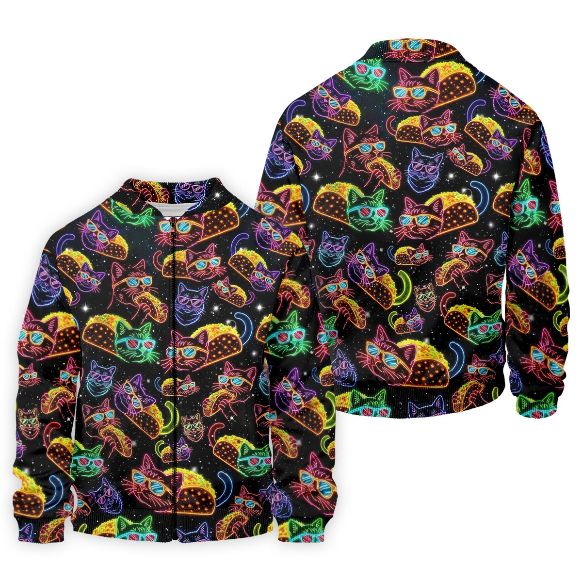 Neon Cat Taco Fiesta Time Hawaiian Golf Shirt, Cinco De Mayo Celebration Golf Shirts For Men