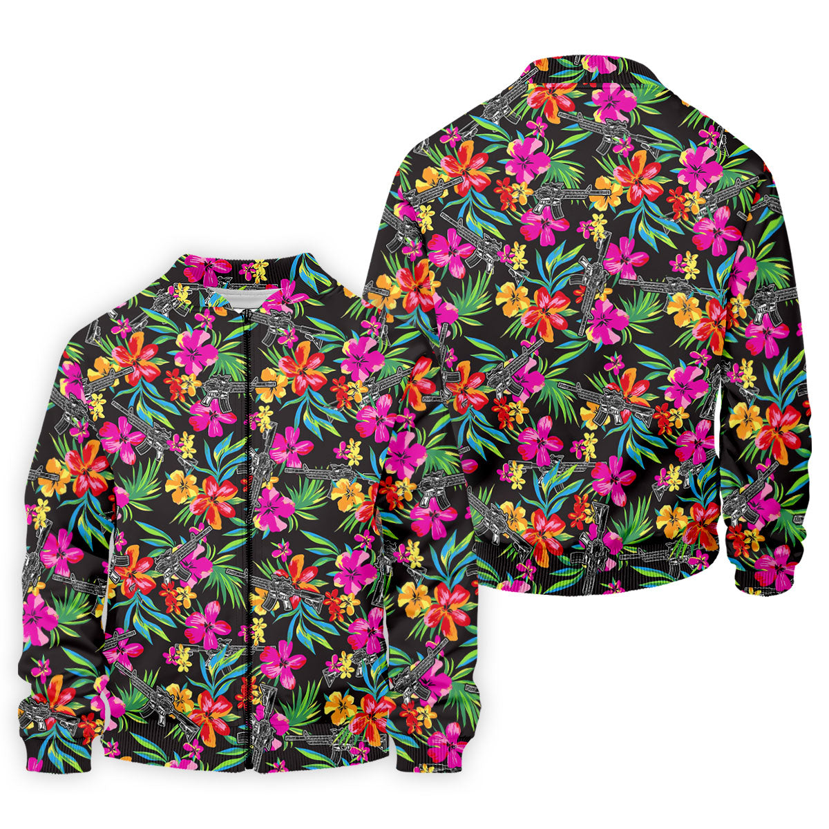 Black Tropical Floral Rifle Pattern Golf Polo Shirt, Men's Golf Shirt, Golf Polo Shirts For Men