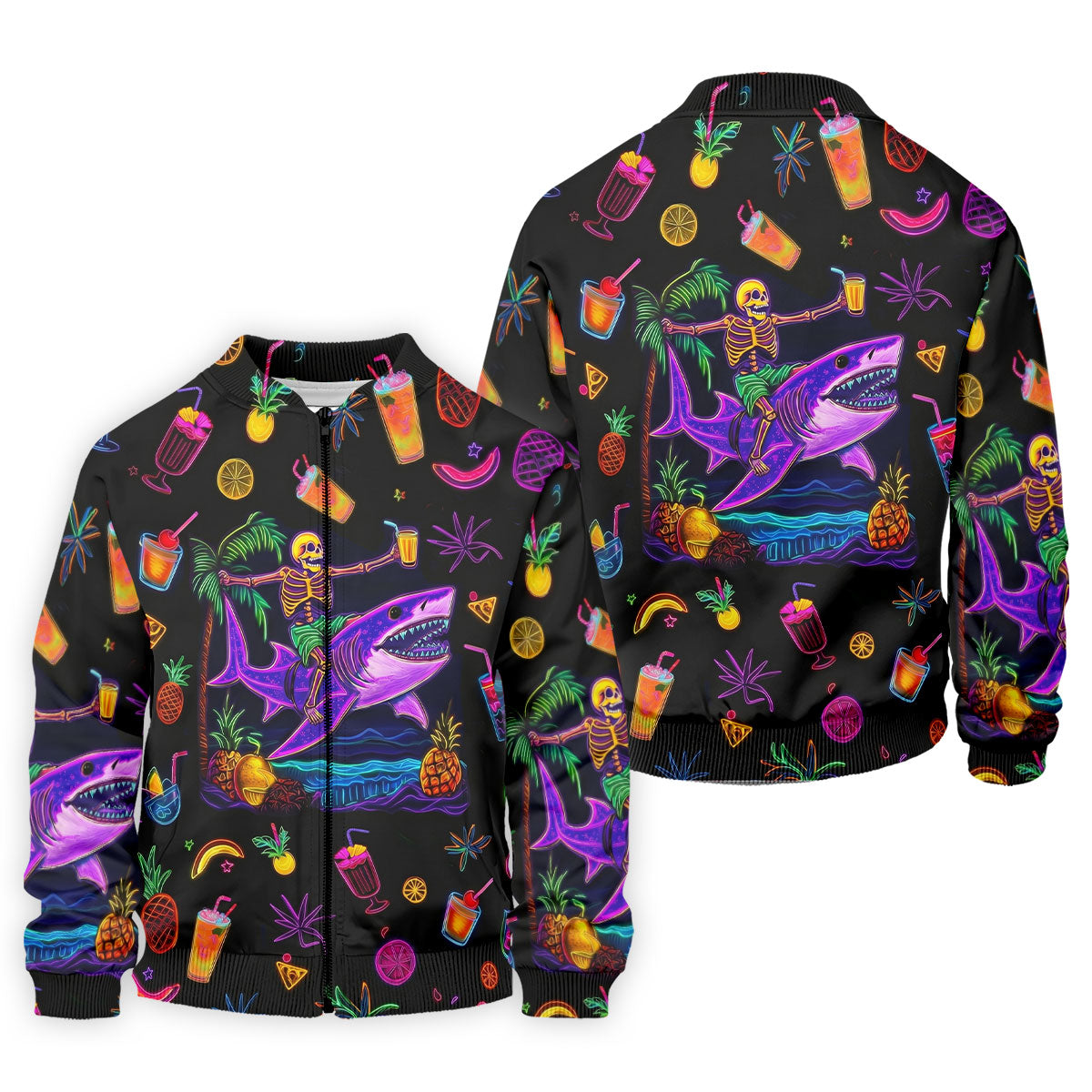 Neon Shark Beach Party Pattern Hawaiian Golf Shirt, Golf Shirts For Men, Polo Shirts For Men