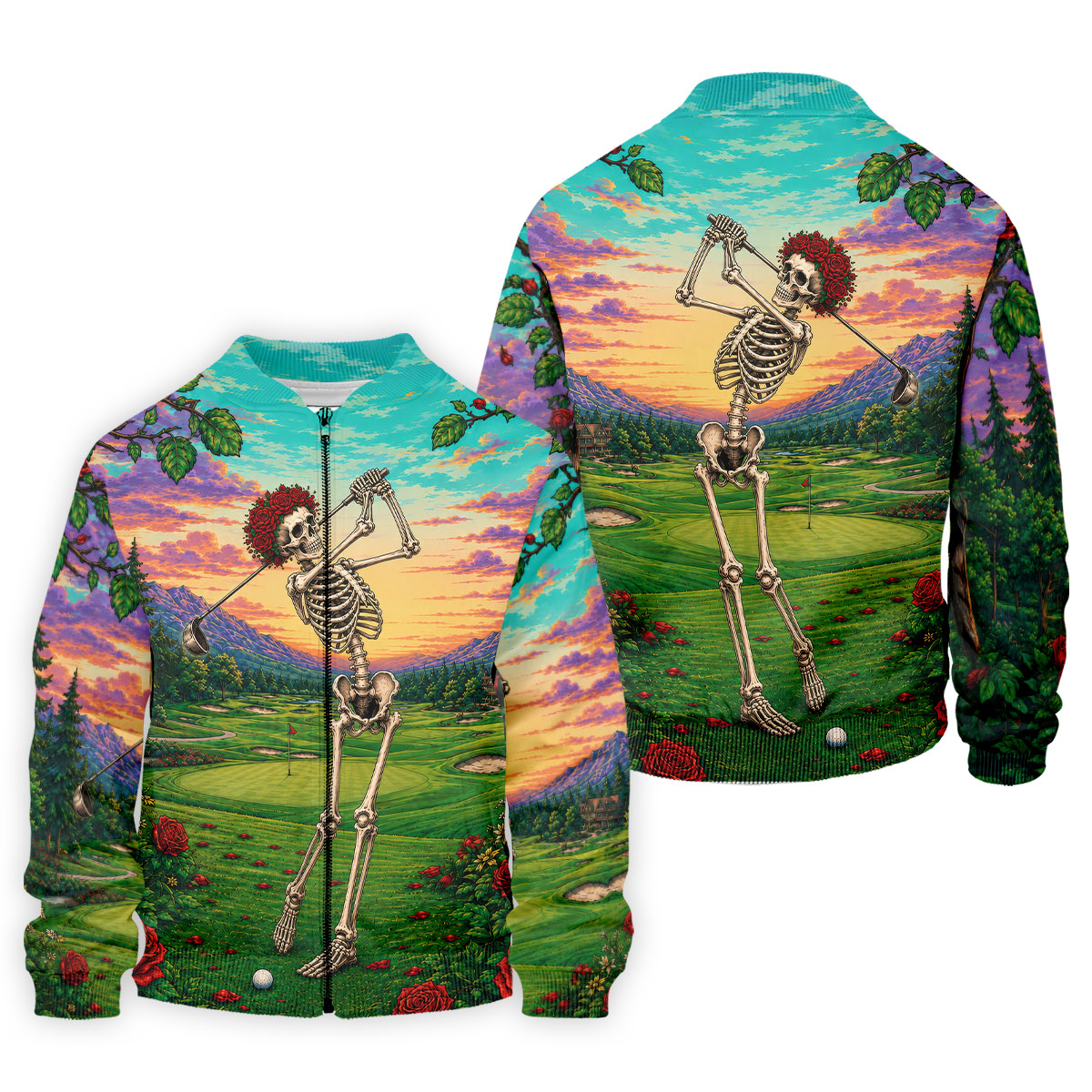 Skeleton Golfer Sunset Golf Course Shirt, Mens Golf Apparel, Halloween Golf Shirt