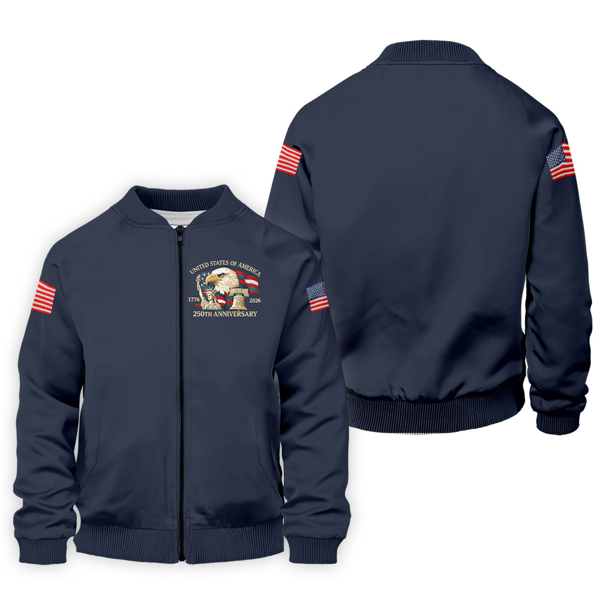 Bald Eagle American Flag 250 Years Navy Golf Shirt, Patriotic 4th Of July Golf Shirts For Men