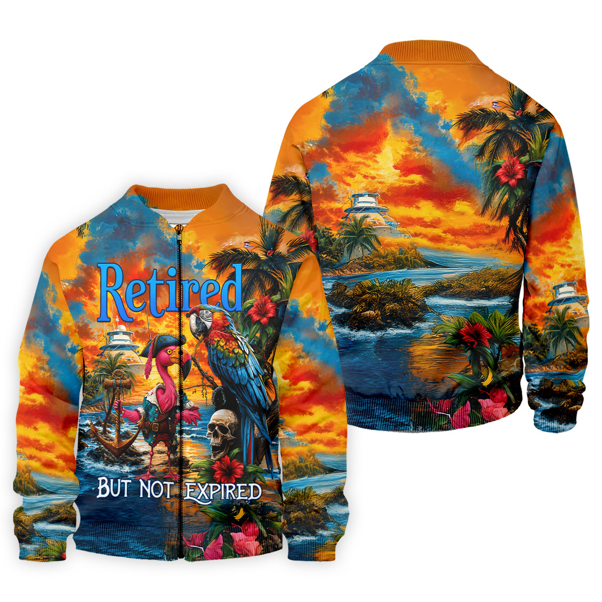 Retired Parrot Flamingo Pirate Tropical Golf Shirt, Mens Golf Polo, Hawaiian Golf Shirt, Golf Apparel For Men