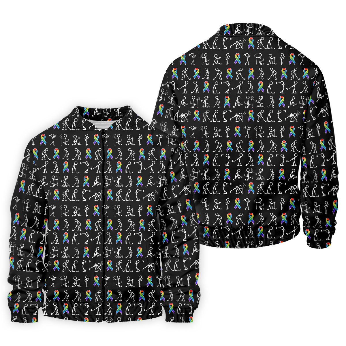 Rainbow Cancer Ribbon Stick Figure Golf Pattern Shirt, Printed Golf Shirts, Polo Shirts For Men