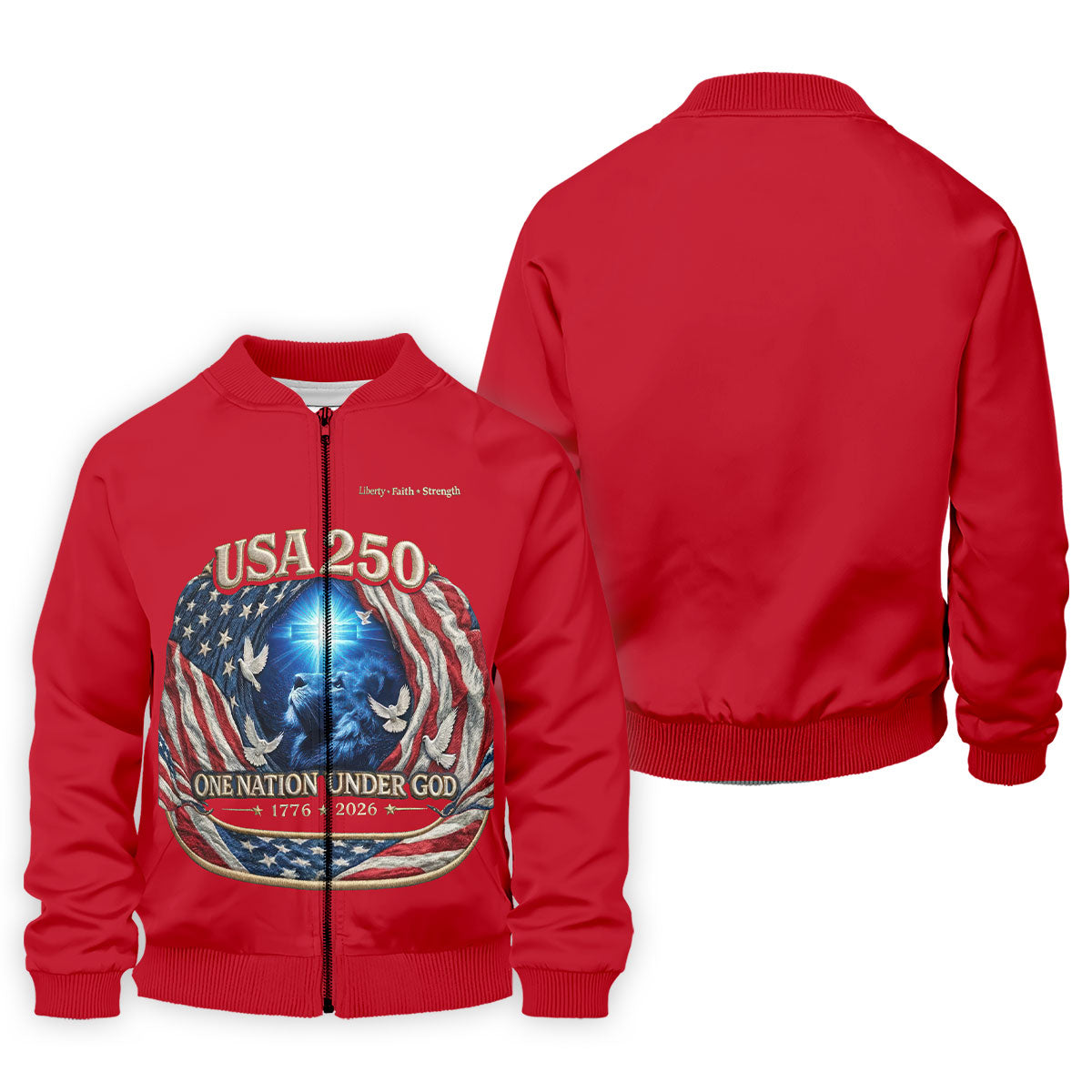 One Nation Under God Faith Cross USA 250 Red Golf Shirt, 4th Of July Golf Shirts For Men