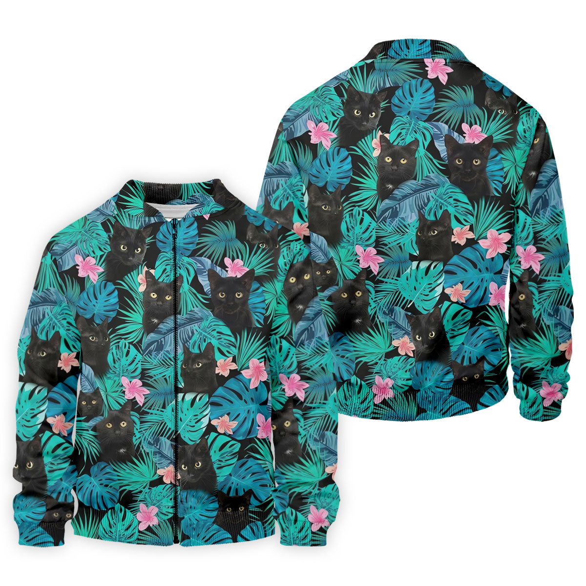 Black Cat Tropical Monstera Hawaiian Golf Polo Shirt, Hawaiian Golf Shirt, Golf Shirts For Men