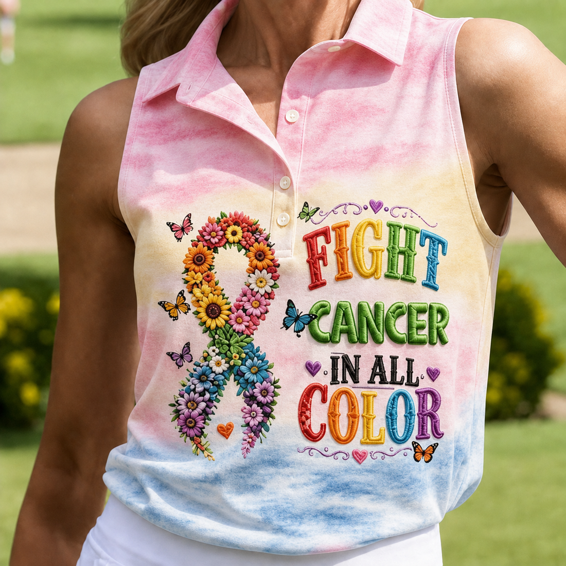 Fight Cancer In All Color Floral Ribbon Polo Shirt, Ladies Golf Shirt, Womens Golf Tops