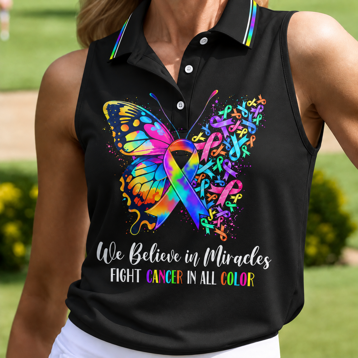 We Believe In Miracles Butterfly Cancer Polo Shirt, Women's Golf Tops, Printed Golf Shirt