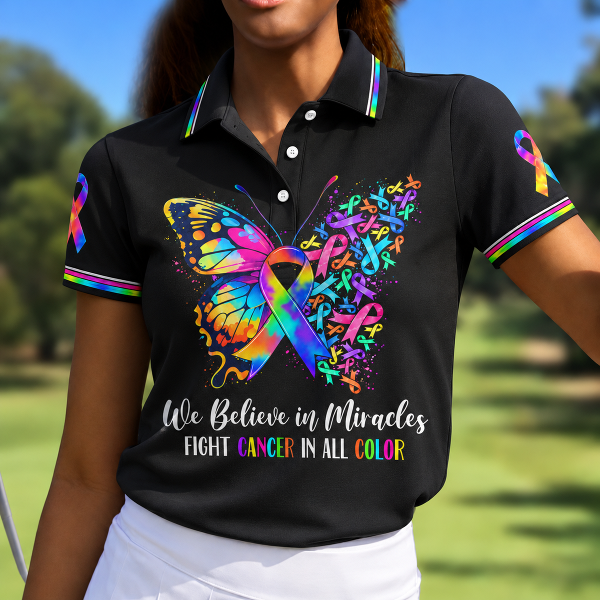 We Believe In Miracles Butterfly Cancer Polo Shirt, Women's Golf Tops, Printed Golf Shirt