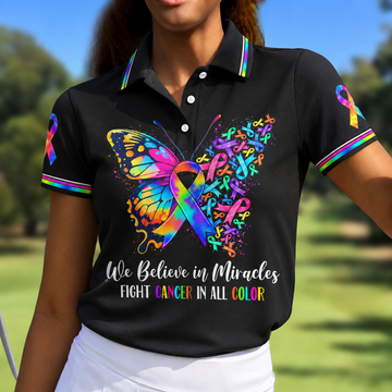 We Believe In Miracles Butterfly Cancer Polo Shirt, Women's Golf Tops, Printed Golf Shirt