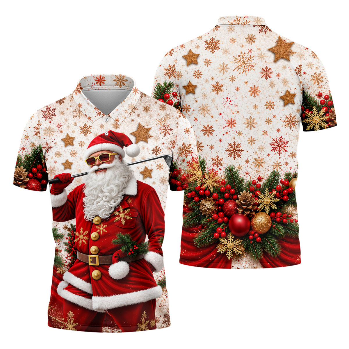 Gold Snowflake Santa Christmas Golf Polo, Golf Polo Shirts For Men, Mens Golf Polo