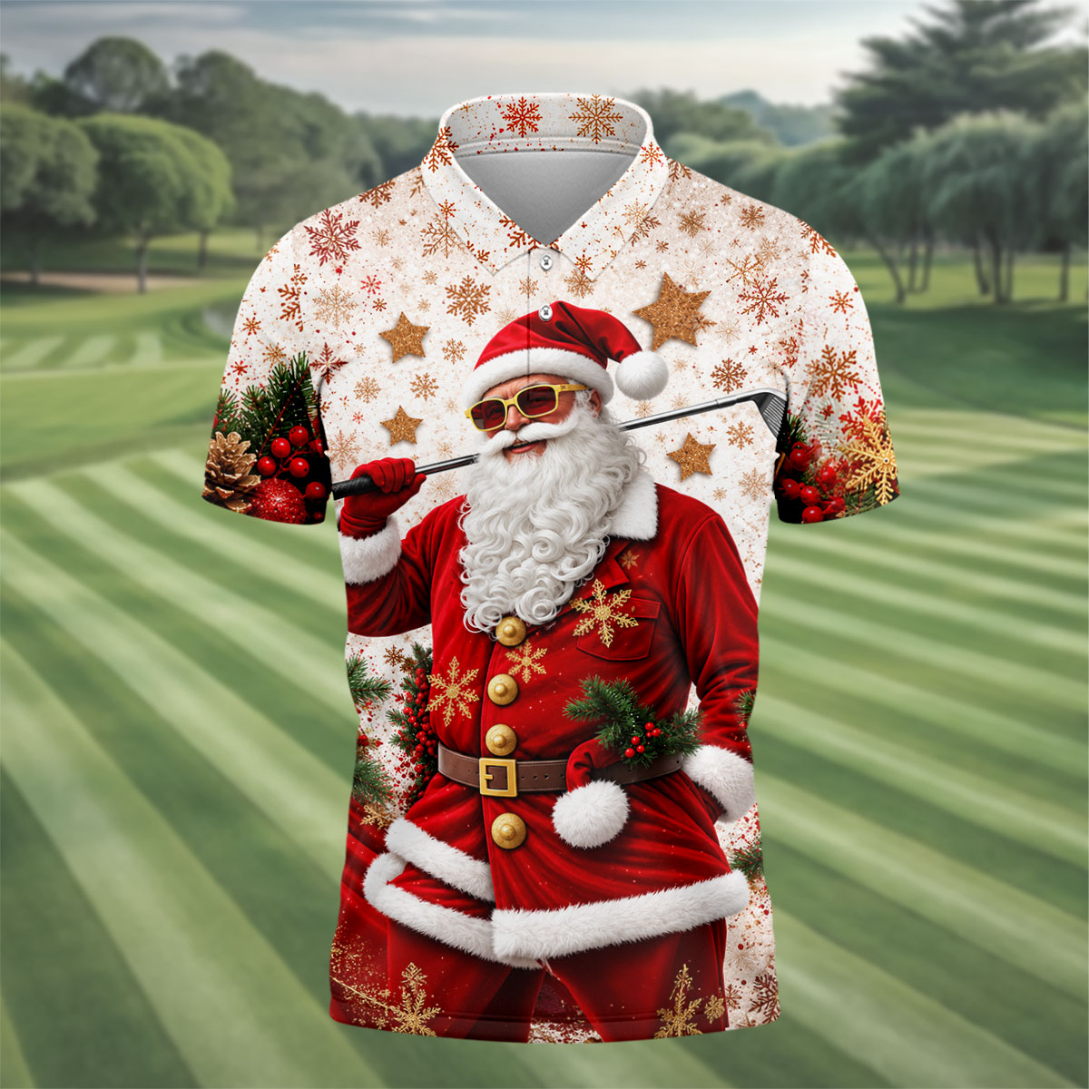 Gold Snowflake Santa Christmas Golf Polo, Golf Polo Shirts For Men, Mens Golf Polo