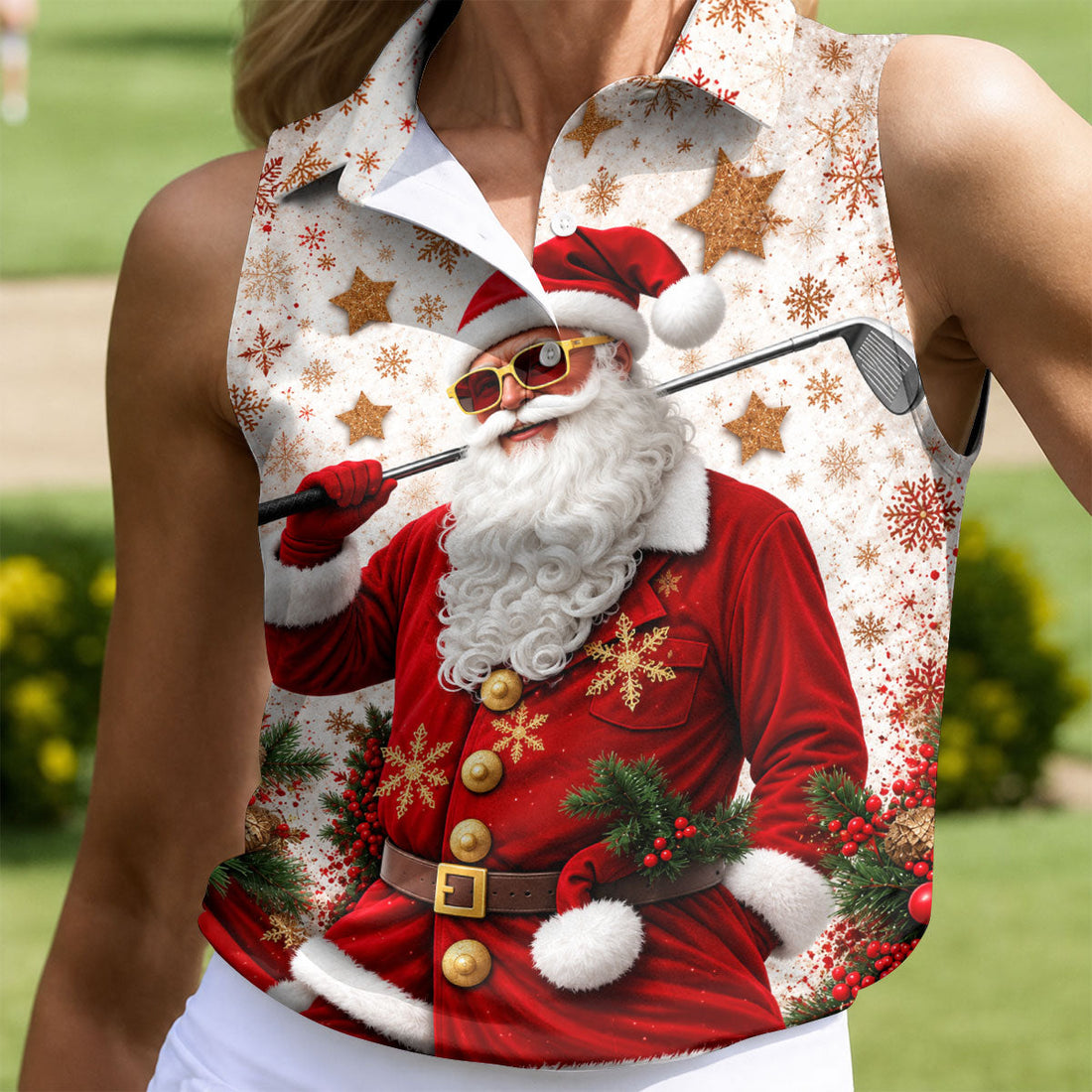 Gold Snowflake Santa Christmas Golf Polo, Ladies Golf Tops, Women's Golf Apparel