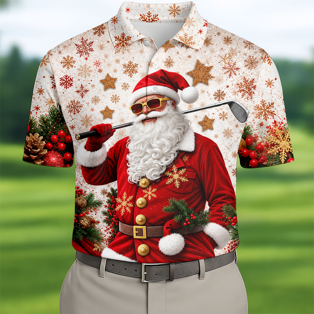 Gold Snowflake Santa Christmas Golf Polo, Golf Polo Shirts For Men, Mens Golf Polo