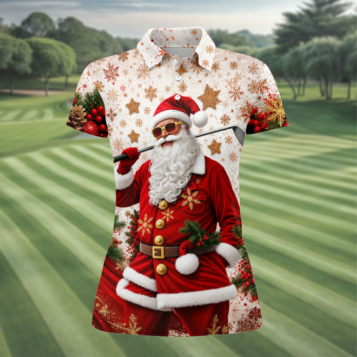 Gold Snowflake Santa Christmas Golf Polo, Ladies Golf Tops, Women's Golf Apparel