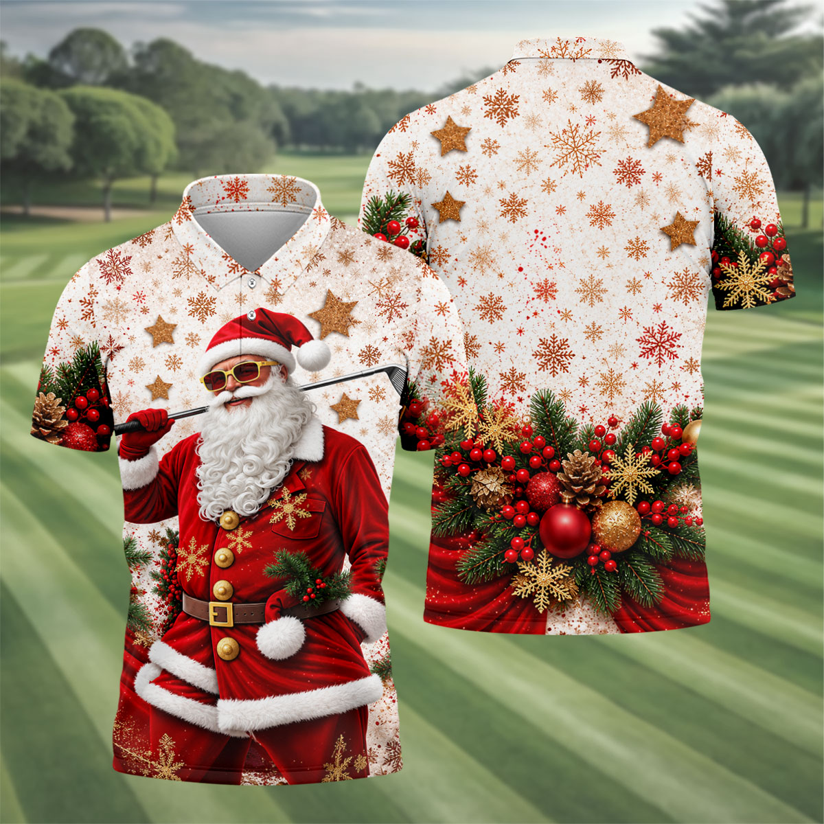 Gold Snowflake Santa Christmas Golf Polo, Golf Polo Shirts For Men, Mens Golf Polo