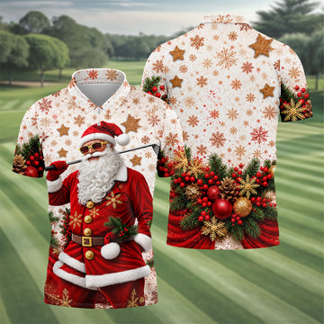 Gold Snowflake Santa Christmas Golf Polo, Golf Polo Shirts For Men, Mens Golf Polo