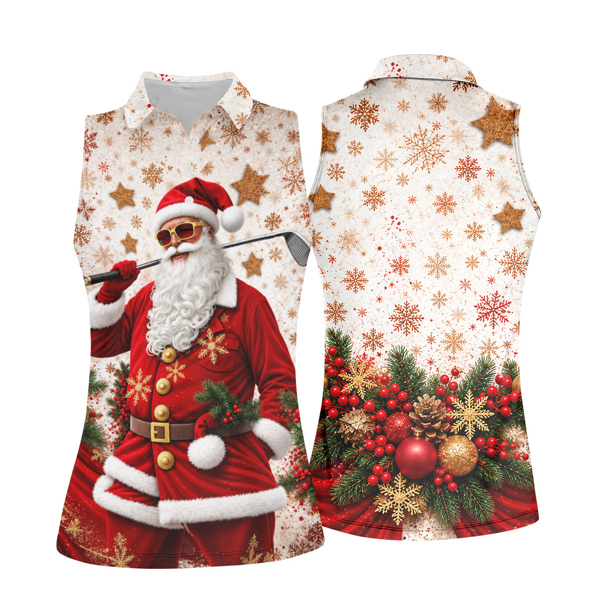 Gold Snowflake Santa Christmas Golf Polo, Ladies Golf Tops, Women's Golf Apparel