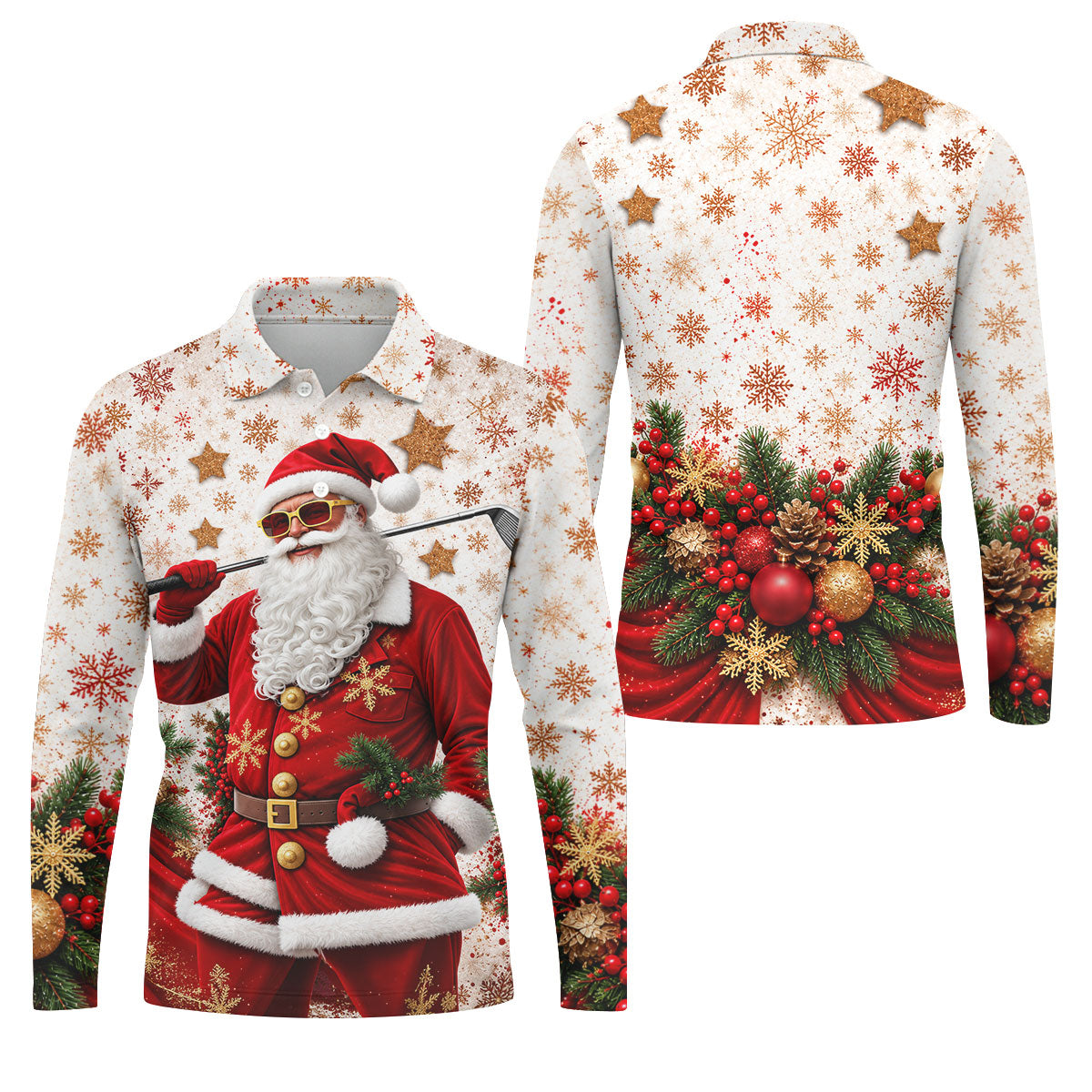 Gold Snowflake Santa Christmas Golf Polo, Golf Polo Shirts For Men, Mens Golf Polo