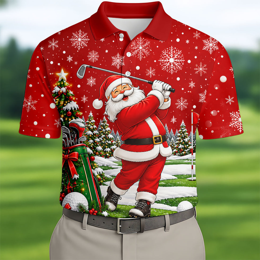 Red Santa Golf Swing Christmas Golf Shirt, Printed Golf Shirts, Mens Golf Apparel