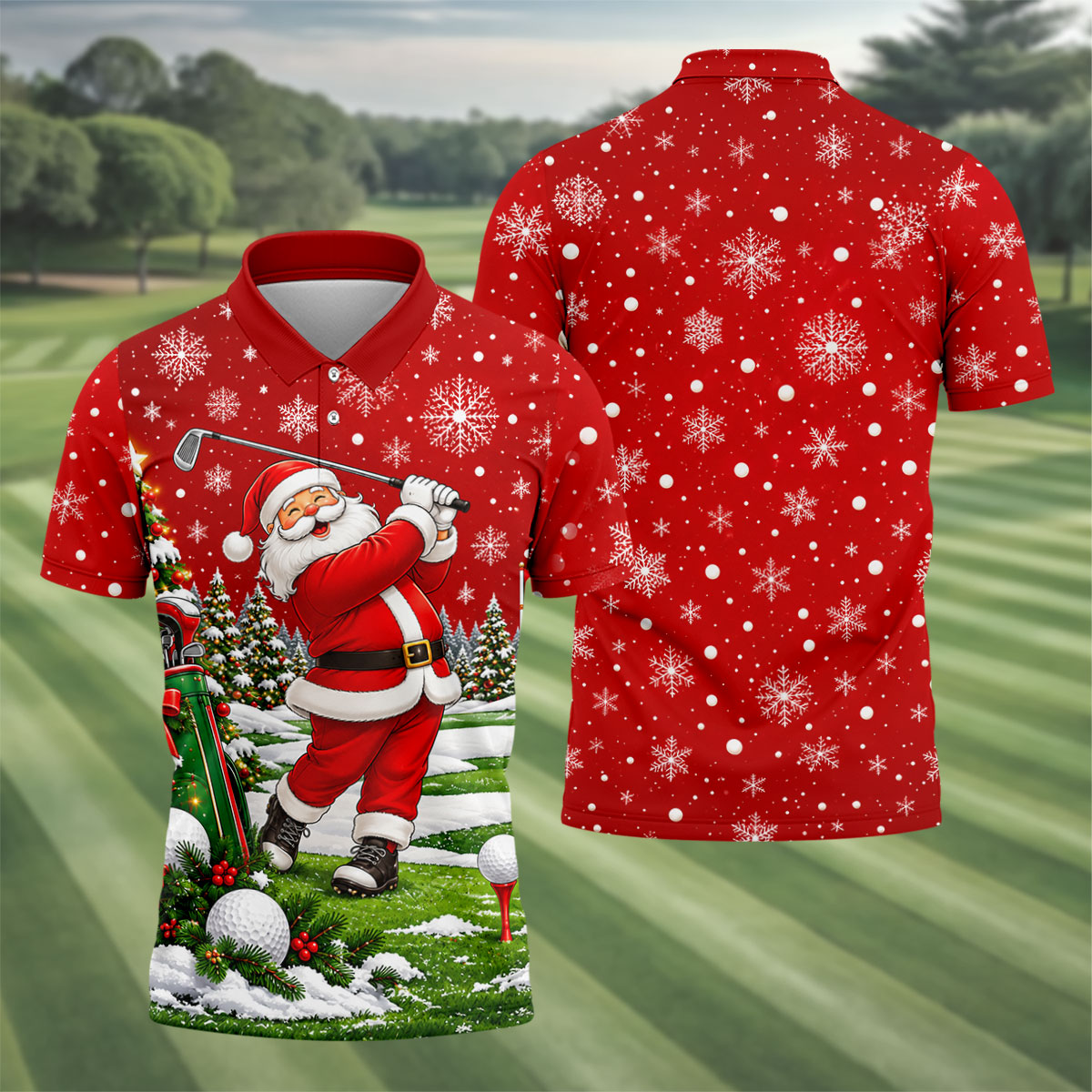 Red Santa Golf Swing Christmas Golf Shirt, Printed Golf Shirts, Mens Golf Apparel