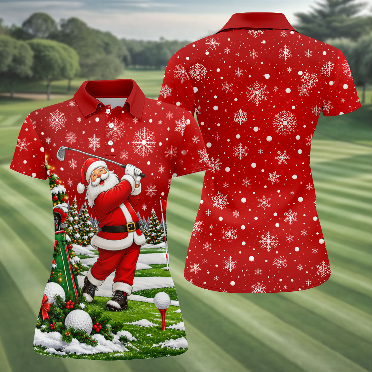 Red Santa Golf Swing Christmas Golf Shirt, Ladies Golf Shirts, Printed Golf Shirt