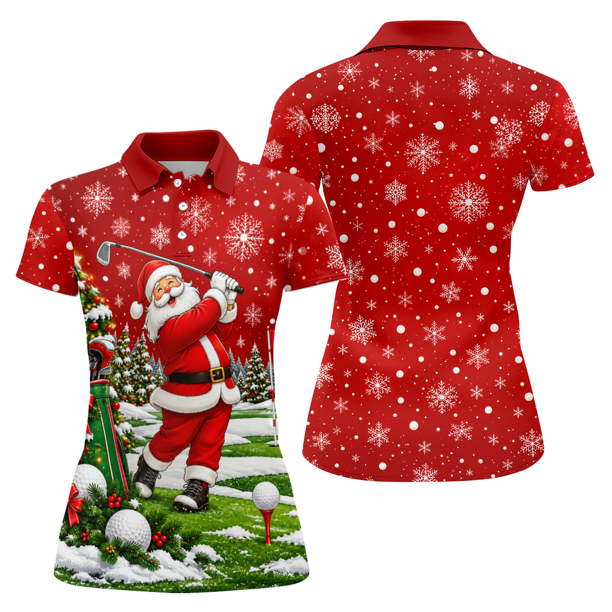Red Santa Golf Swing Christmas Golf Shirt, Ladies Golf Shirts, Printed Golf Shirt