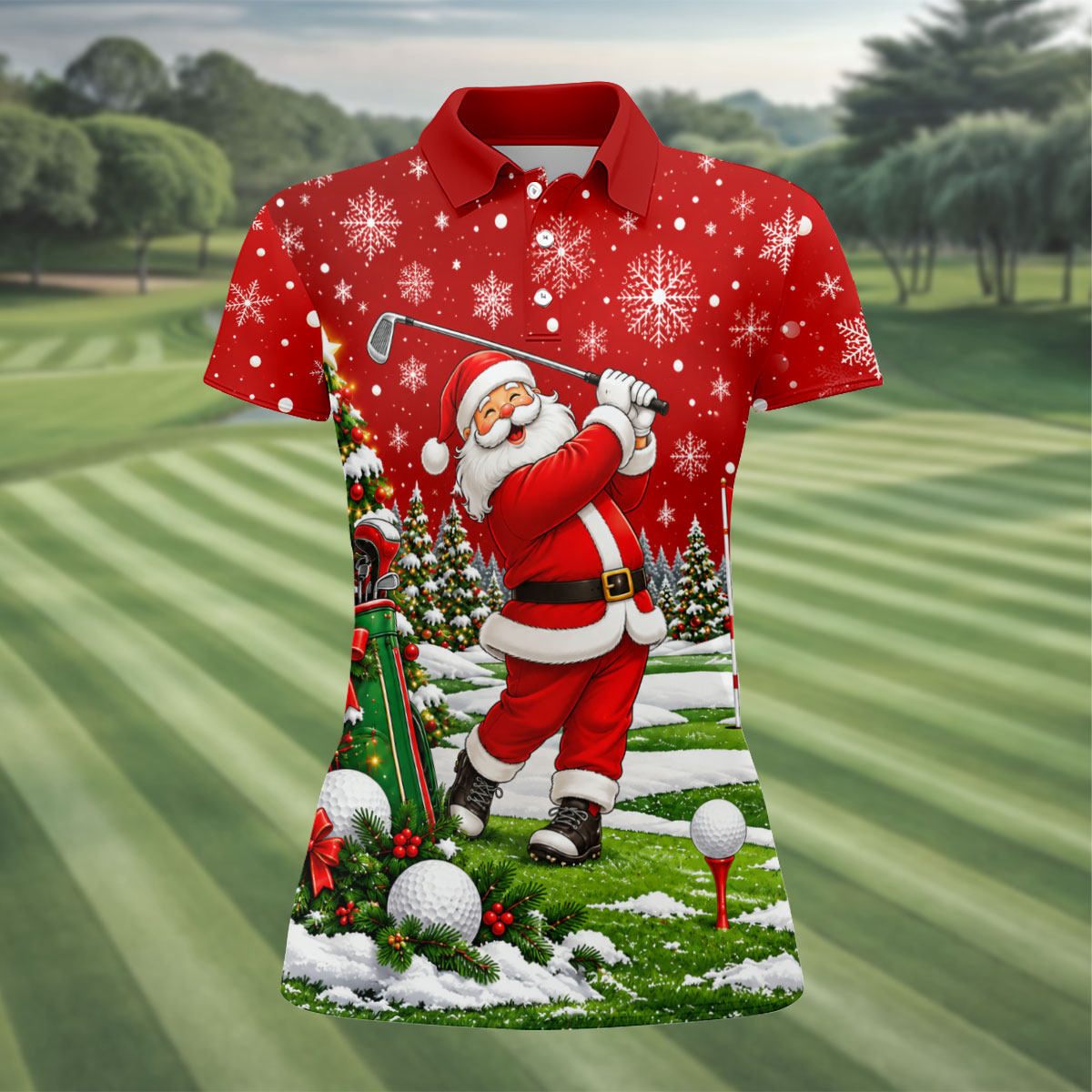 Red Santa Golf Swing Christmas Golf Shirt, Ladies Golf Shirts, Printed Golf Shirt