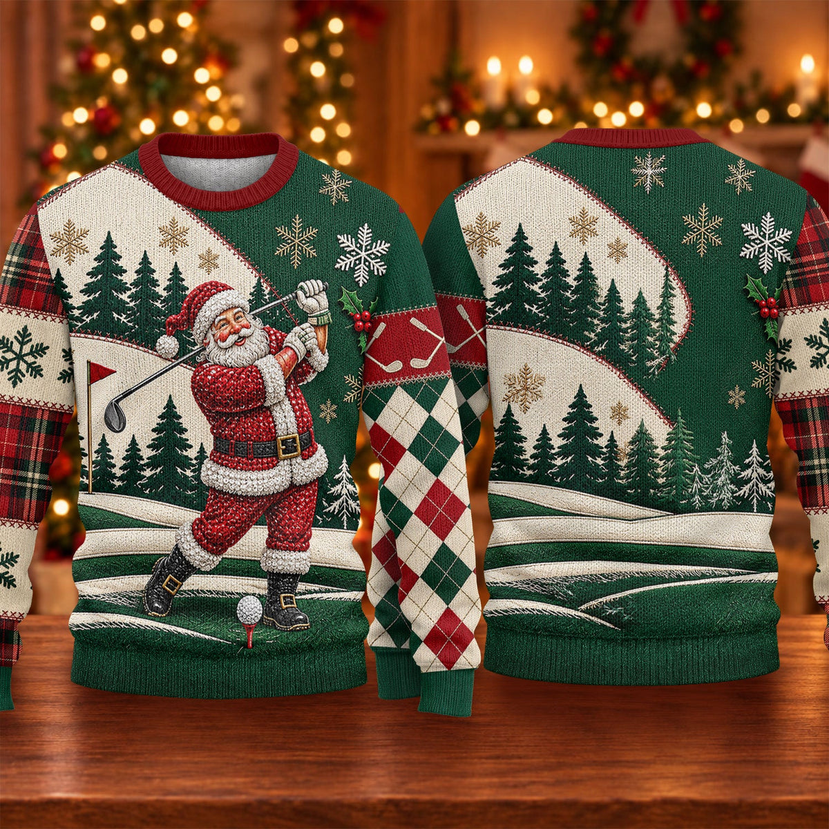 Patchwork Santa Golf Ugly Christmas Sweater, Ugly Sweater Party, Christmas Party Wear
