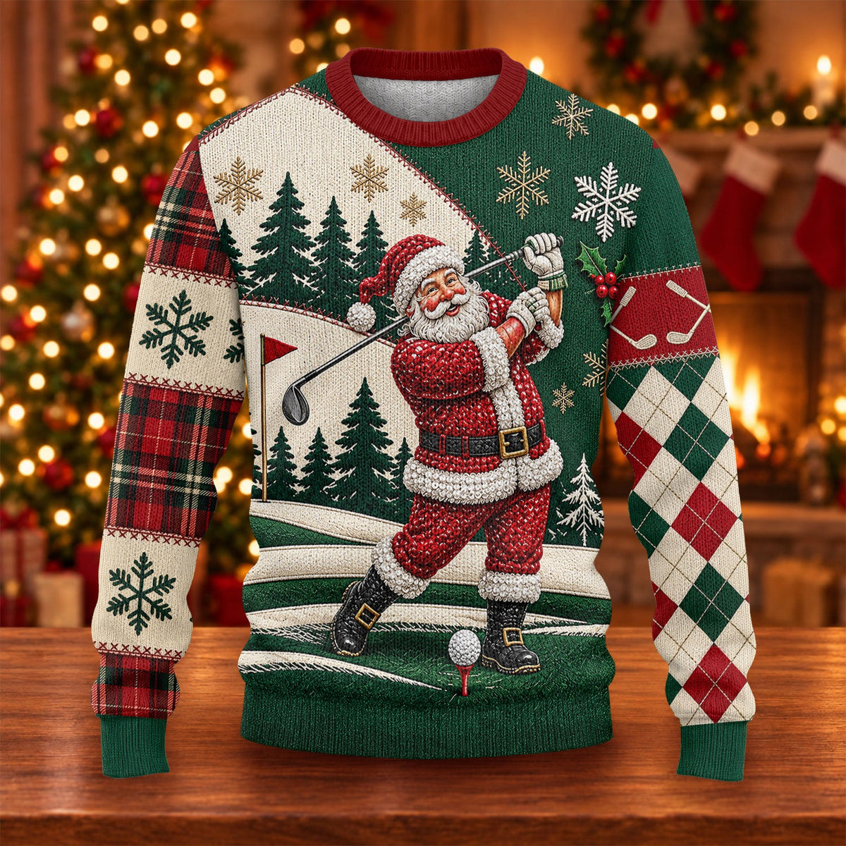 Patchwork Santa Golf Ugly Christmas Sweater, Ugly Sweater Party, Christmas Party Wear