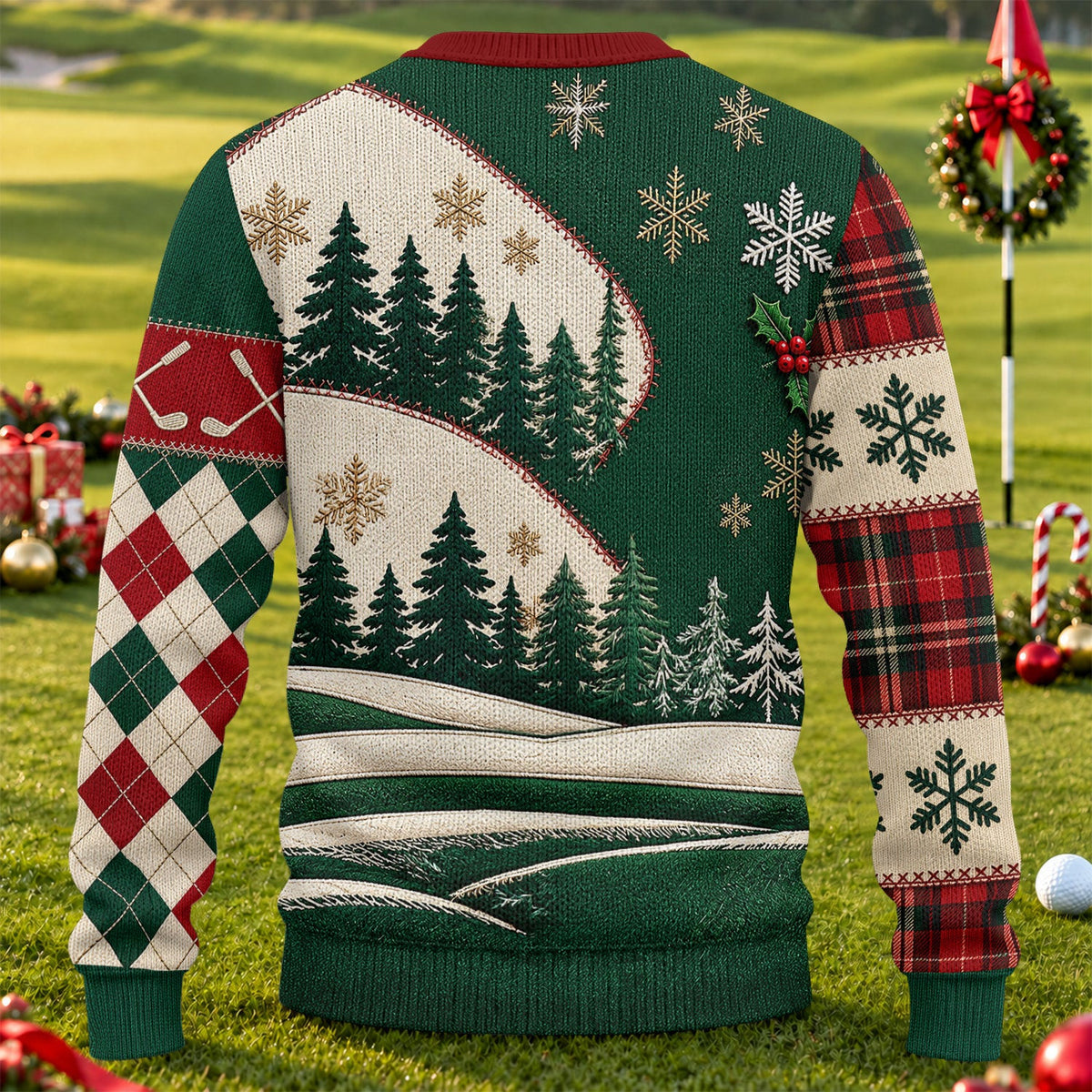 Patchwork Santa Golf Ugly Christmas Sweater, Ugly Sweater Party, Christmas Party Wear