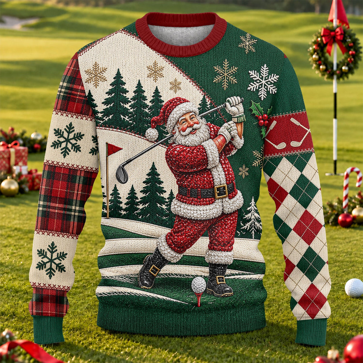 Patchwork Santa Golf Ugly Christmas Sweater, Ugly Sweater Party, Christmas Party Wear