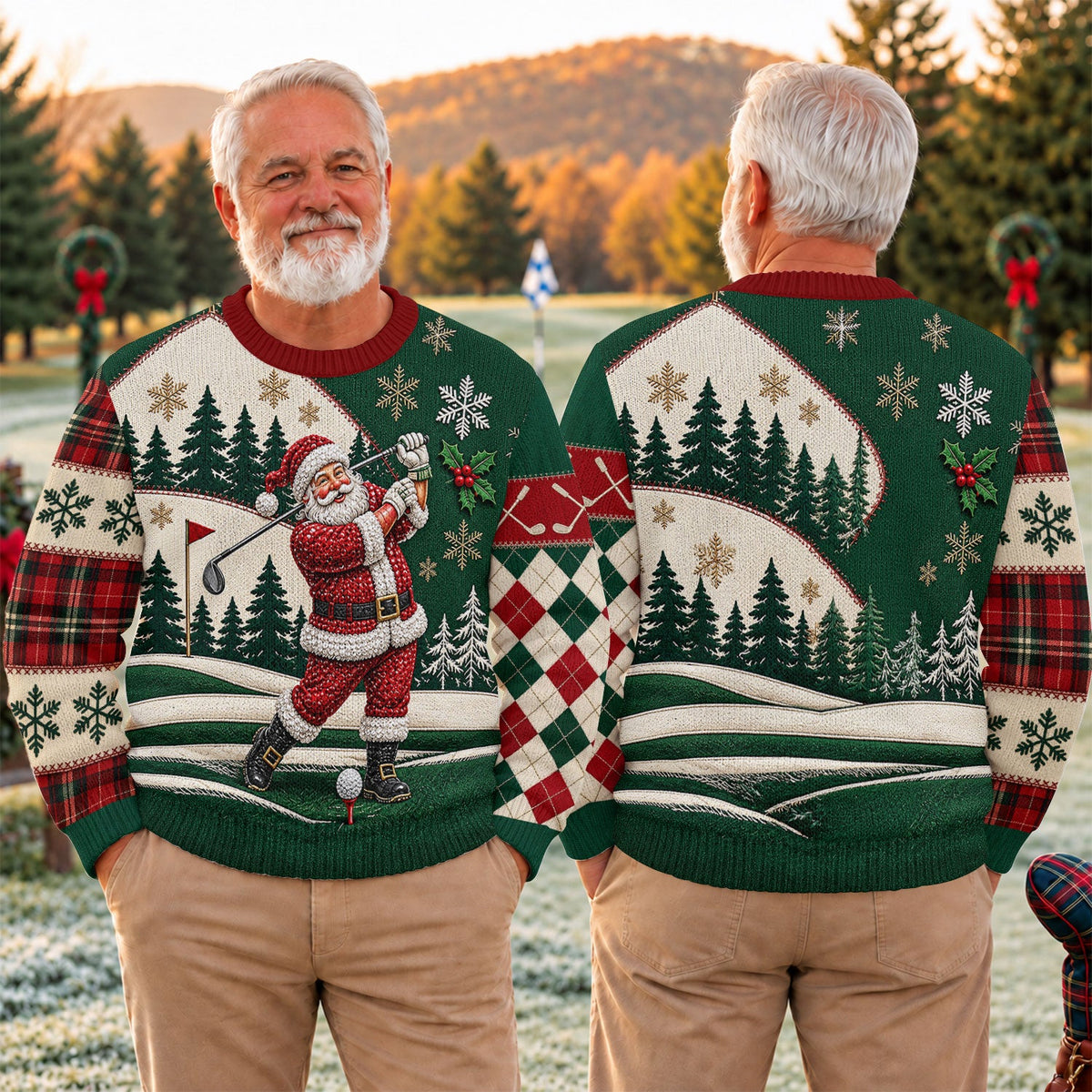 Patchwork Santa Golf Ugly Christmas Sweater, Ugly Sweater Party, Christmas Party Wear