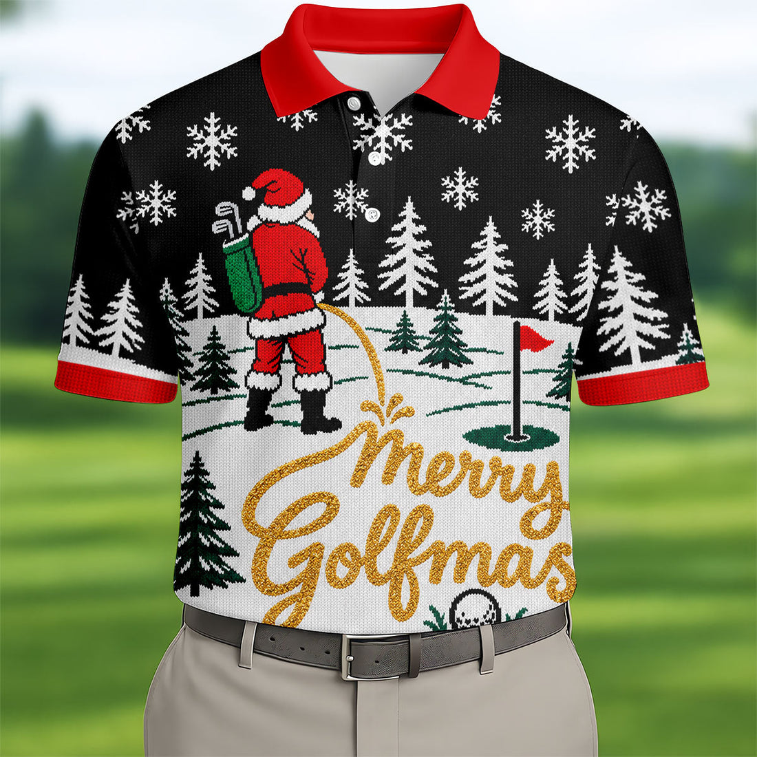 Black Merry Golfmas Christmas Golf Shirt, Long Sleeve Polo Shirts, Mens Polo Shirts