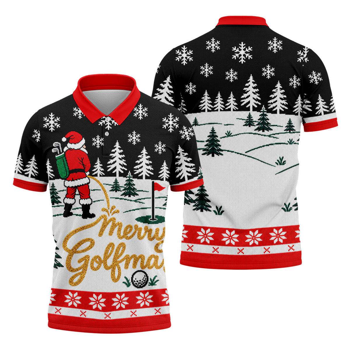 Black Merry Golfmas Christmas Golf Shirt, Long Sleeve Polo Shirts, Mens Polo Shirts