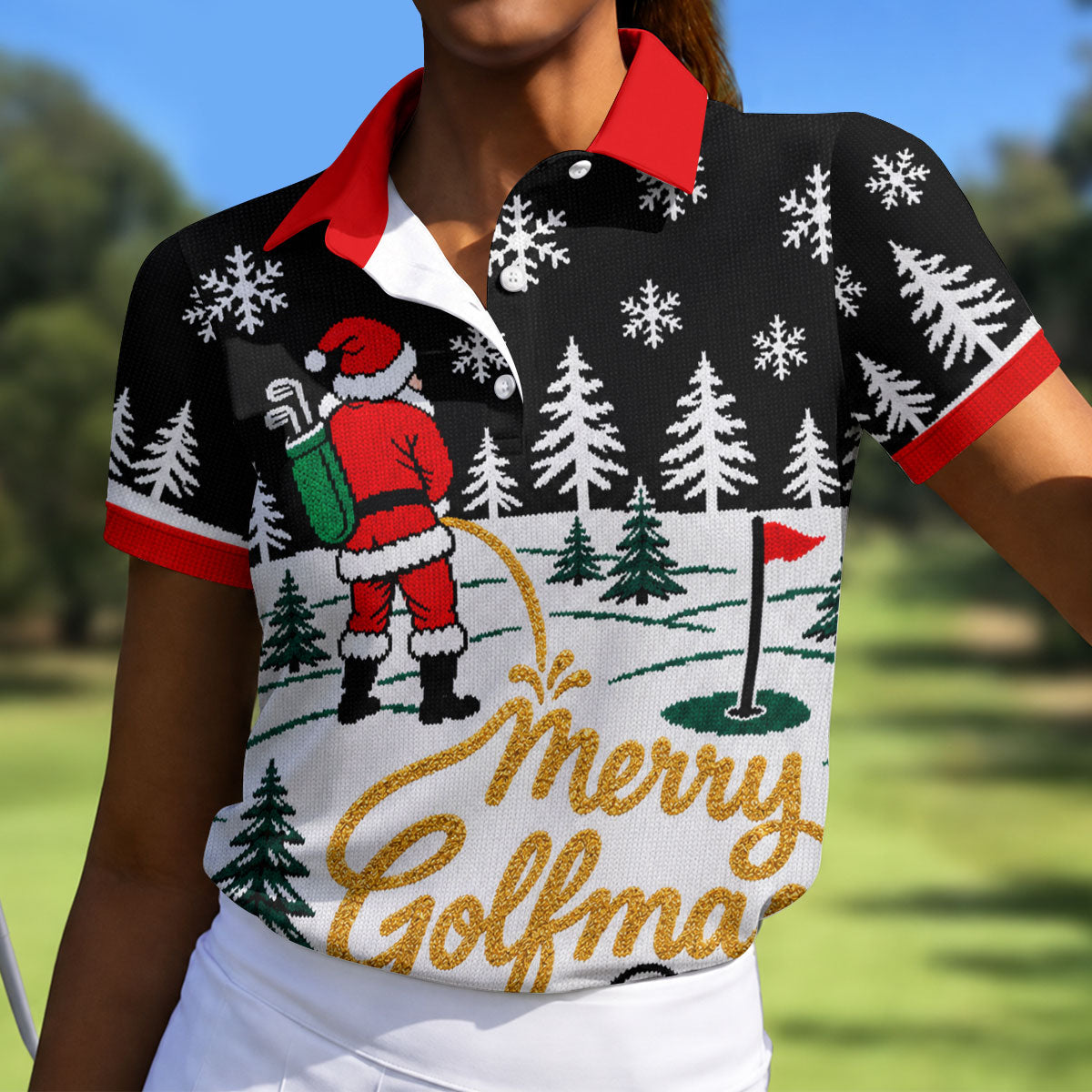 Black Merry Golfmas Christmas Golf Shirt, Golf Shirts For Women, Ladies Golf Shirt