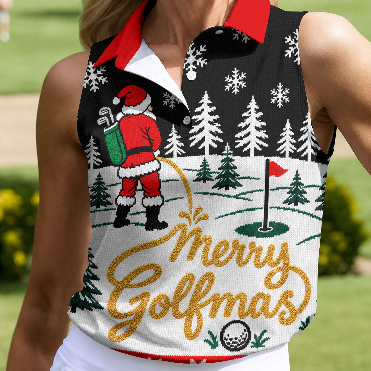 Black Merry Golfmas Christmas Golf Shirt, Golf Shirts For Women, Ladies Golf Shirt