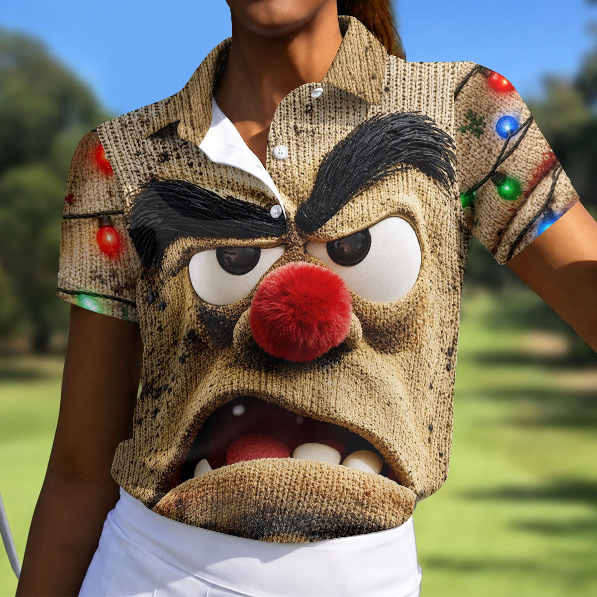 Grumpy Reindeer Lights Christmas Golf Polo, Golf Tops For Women, Women's Golf Polo