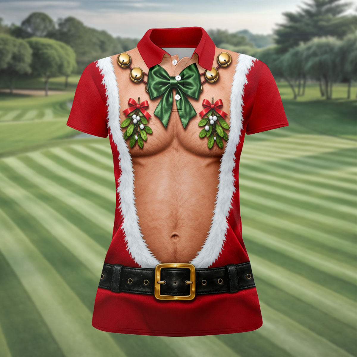 Santa Bare Belly Christmas Golf Shirt, Women's Golf Apparel, Golf Polo For Women
