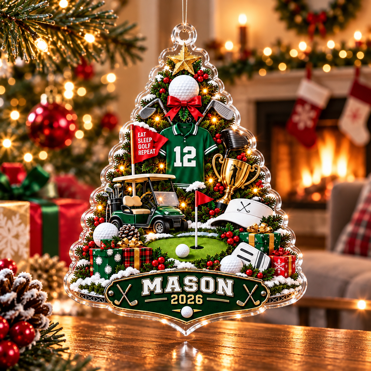 Custom Name Number Year Golf Tree Acrylic Ornament, Christmas Ornaments, Golfer Gifts